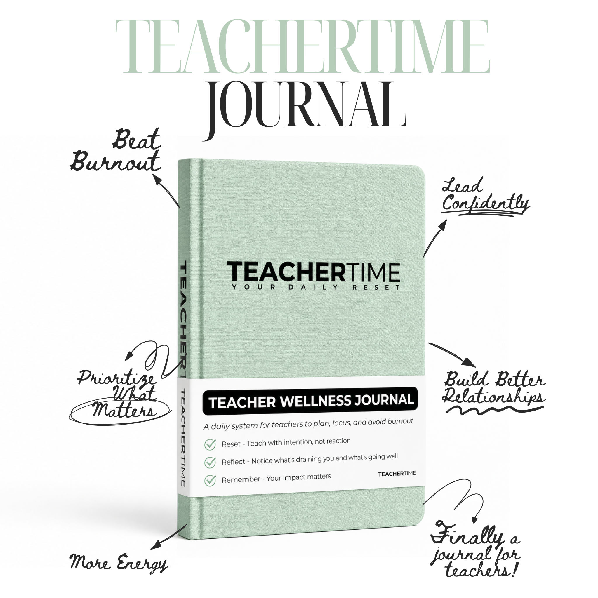A mint green hardcover journal titled 'TEACHERTIME JOURNAL' shown on a white background with decorative hand-drawn callouts around it. The front cover reads 'TEACHER WELLNESS JOURNAL' and lists daily reflection prompts.