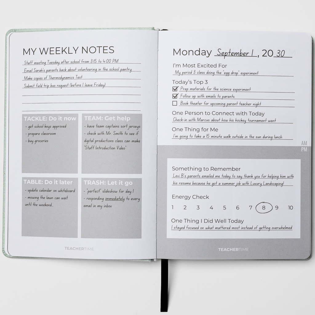 An open planner showing two white pages with handwritten and printed notes, including a weekly notes section, a calendar grid, and a reminder box. The cover has a subtle gray pattern and the brand name TEACHERLINE is printed at the bottom of both pages.
