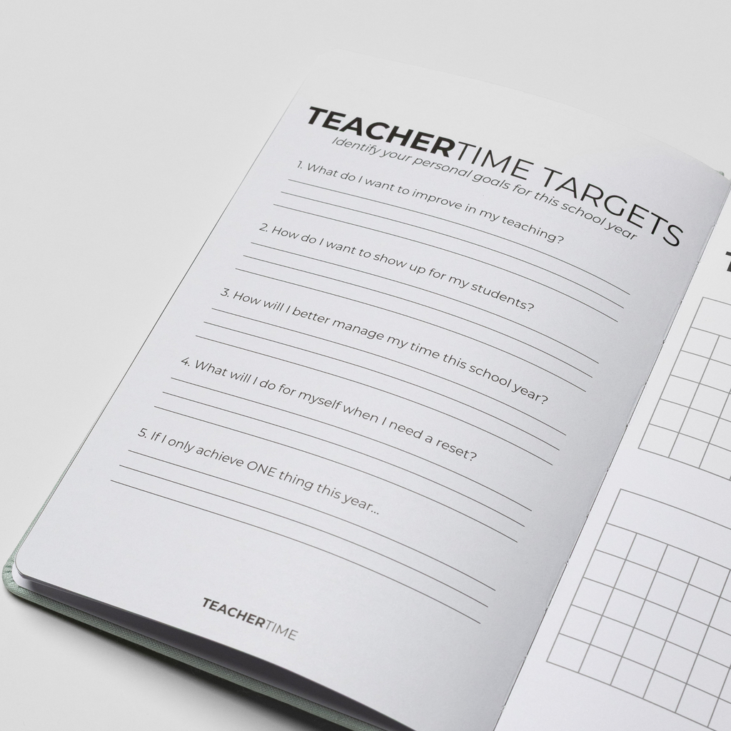 An open TeacherTime journal or planner on a light gray background, showing a printed page titled 'TEACHERTIME TARGETS' with reflective prompts for teachers and part of a grid chart on the next page.